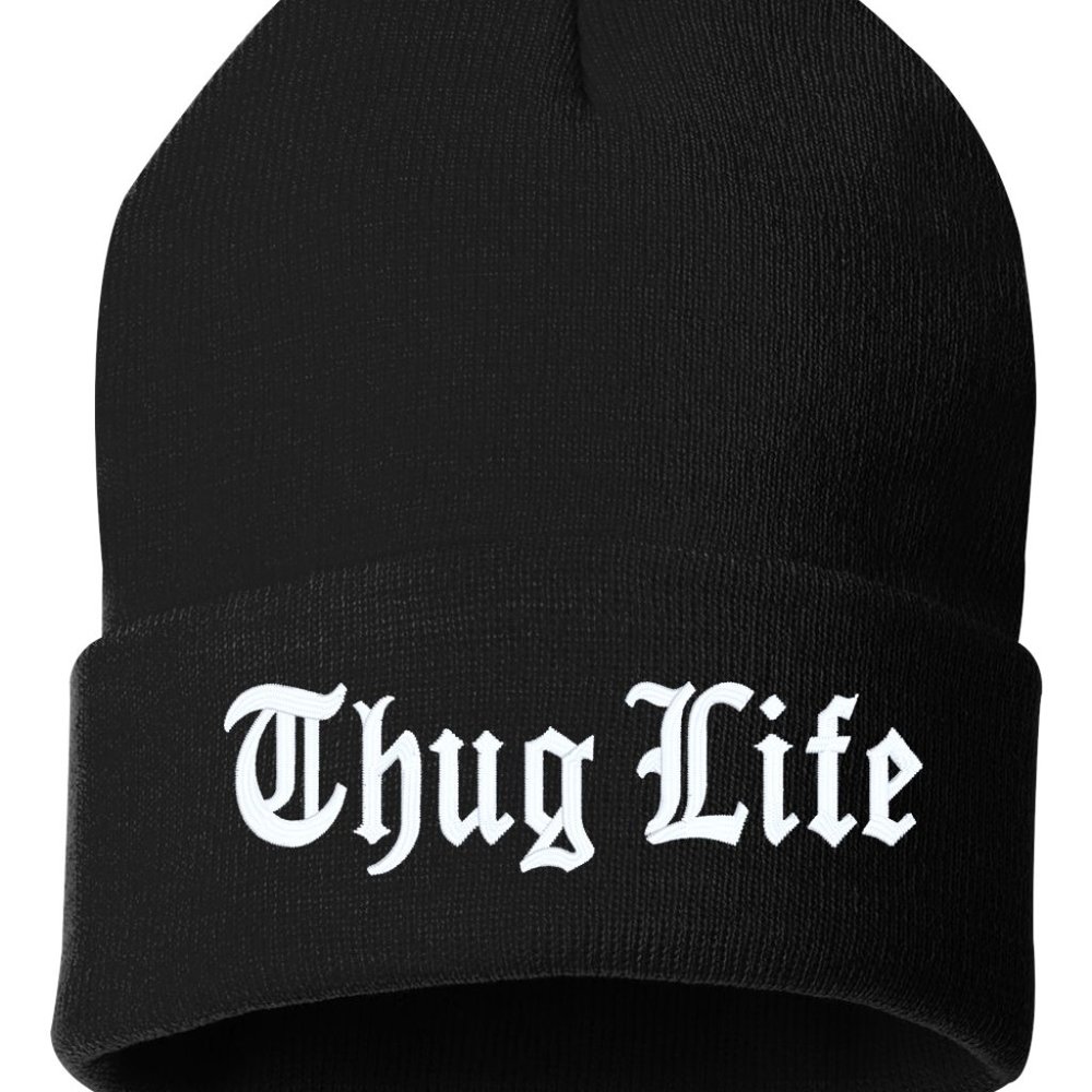 Thug Life BLACK Cuffed Embroidered Beanie Hat, Embroidered Gift, Dad,Winter Hat